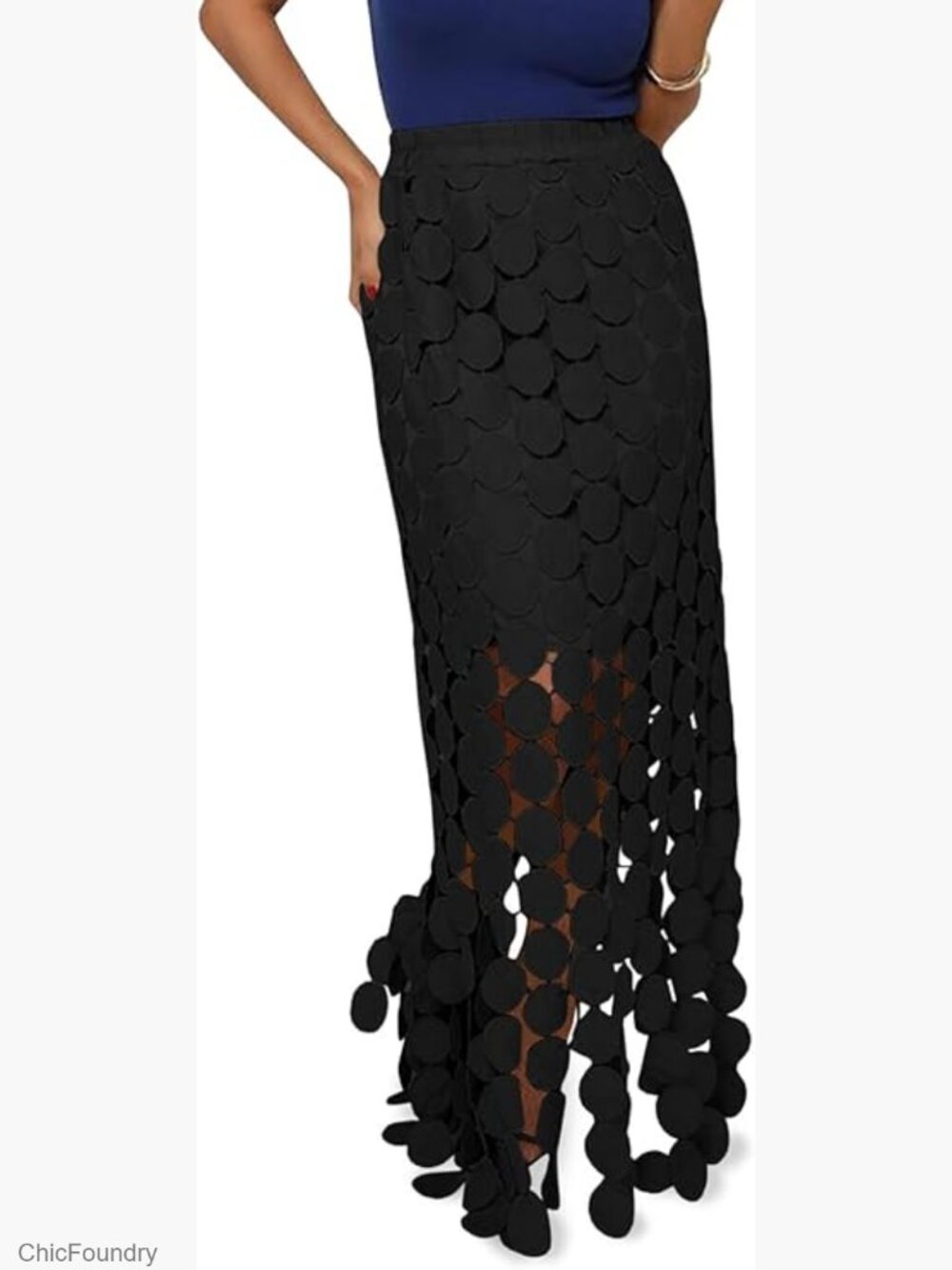 Maxi Skirt High Waisted Boho Fringe Hem Hollow Out Summer Long Skirt